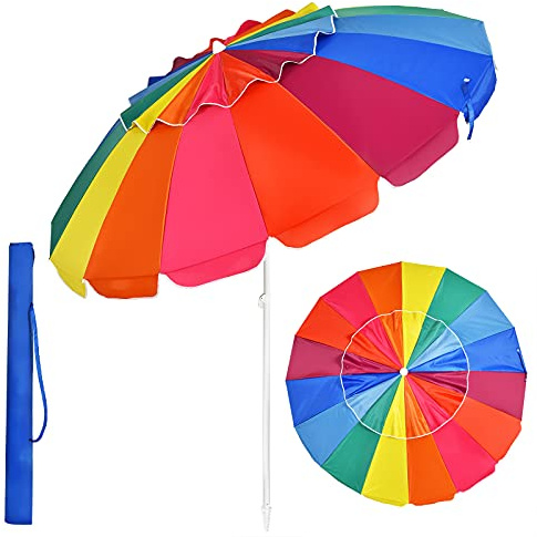 GOPLUS Parasol de Plage 2,43M, Parasol Inclinable avec Auvent Démontable, Sac de Transport, Anti-UV, pour Patio Balcon Piscine, H.185CM, Base Non Incluse (Multicolore)