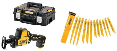 DEWALT DCS369NT-XJ Scie Sabre Compacte - XR 18V - Brushless - Sans Batterie Ni Chargeur - En Coffret TSTAK & DT2445-QZ Lame pour Scies Sabre, Argent, Set de 12 Pièces