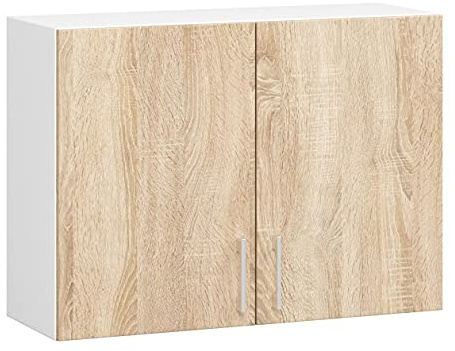 AKORD Armario de Pared de Cocina W80, Sistema Lima, Blanco, 80 cm, 2 Puertas, Roble Sonoma, Mate, 2 estantes, 80x30,5x58 cm