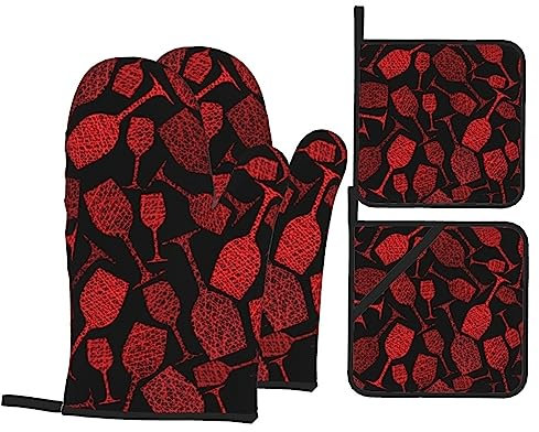 Wine Glasses Pattern Printed Oven Mitts and Pot Holders 4 Pcs Set Heat Resistant Hot Pads Cooking Gloves with Lanyard for Baking Cooking BBQ Grill