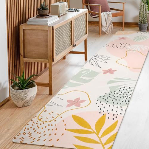 Lahome Waschbarer Teppichläufer für Flur, Küche, Badezimmer, Teppichläufer, leicht, rosa, botanischer Druck, rutschfest, für Schlafzimmer, Eingangsbereich, 2,4 m