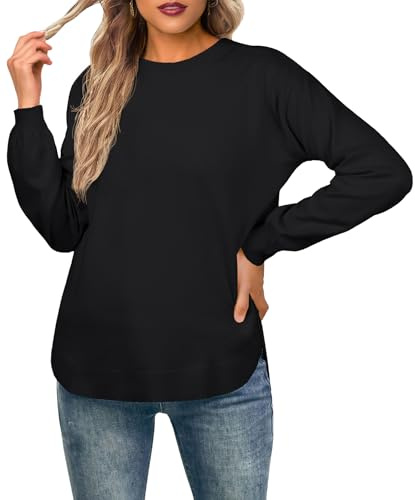 GRECERELLE Pull à manches longues pour femme en col rond léger - Hauts en tricot doux et décontracté pour dames, 01 Noir, XL