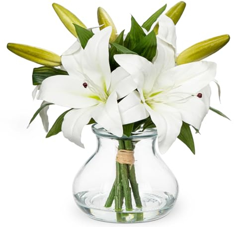 Artificial Flowers Tiger Lily Real Touch with Vase Easter Lily White Lilies Silk Faux Flowers Arrangements in Glass Vase with Faux Water Easter Decor Fake Floral Bulk Bouquet for Office Home Decor