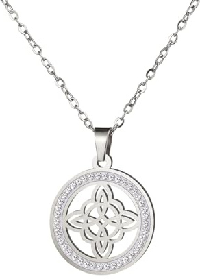 Dreamtimes Collier de nœud de sorcière pour femmes acier inoxydable clair couleur or Zircon pendentif rond chaînes Celtique Quaternaire Wicca anneau de nœud sorcellerie amulette bijoux