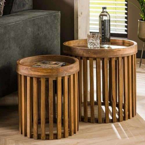 RINGO-Living Couch Beistelltisch 2er Set Boni aus Mangoholz, moderner Beistelltisch Sofa, Beistelltisch Bett mit dunkler Naturholz Tischplatte Massivholz, Natur Laptop Couchtisch Echtholz Wohnzimmer