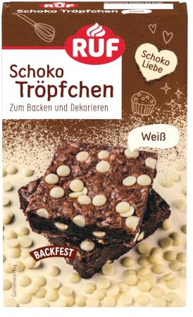 RUF weiße Schokolade-Tröpfchen, backfeste Schoko-Tropfen weiß, zum Backen & Dekorieren von Torten, Kuchen & Muffins, als Topping für Porridge, Bowl, Waffeln