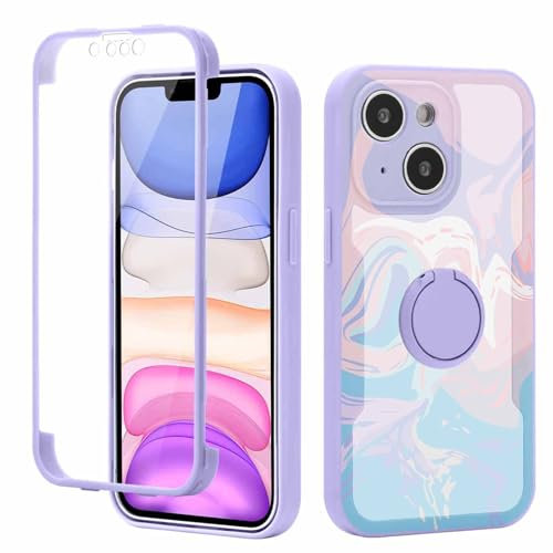 Yoedge Kickstand Phone Case for iPhone 15 6,1, 360°Rotatable Magnetic Ring Holder Cases, Full Body Shockproof Silicone TPU Back Cover with Built-in Screen Protector Case, marble