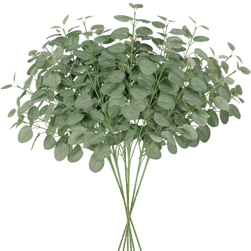 UXORSN Eucalyptus Artificial Flowers 6 Bunches Artificial Eucalyptus Stems Leaves Fake Flowers Branches Faux Silk Plants Green Foliage Greenery Stems for Flower Arrangement Home Wedding Party Decor