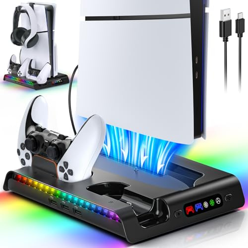 FASTSNAIL Support avec Ventilateur pour Console PS5 Slim, Chargeur Manette LED pour DualSense/Edge, Accessoire compatibles avec Playstation5 Slim Digital/Disc Edition（Noir）