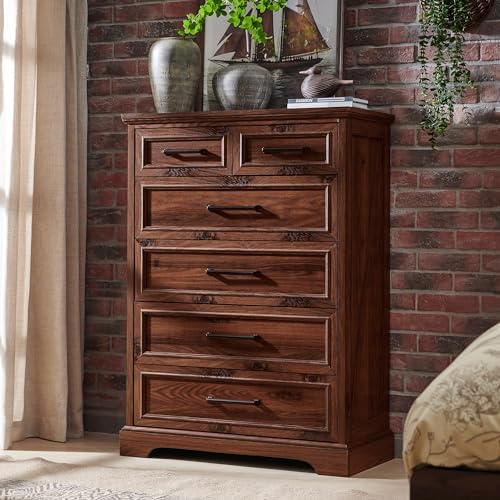 ACCOHOHO 6 Drawer Dresser, Farmhouse Chest of Drawers for Bedroom, 44 Tall Dresser with Large Metal Handles, Wood Drawer Organizer for Living Room, Hallway, Closet - Brown
