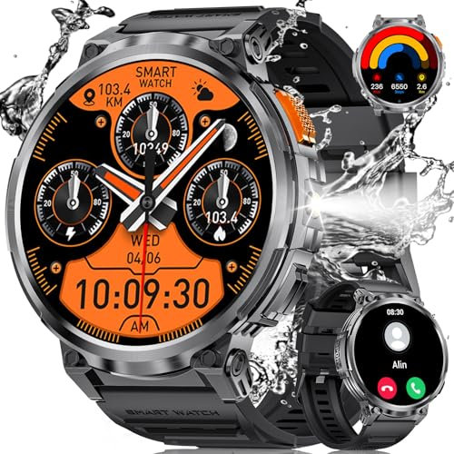 ESFOE Reloj Inteligente Hombre,1.85'' Grande Smartwatch Militar con LED Linterna,730mAh Batería,100+ Modos Deporte, IP68 Impermeable Smartwatch Hombre con Llamadas Bluetooth Wasap, Android iOS