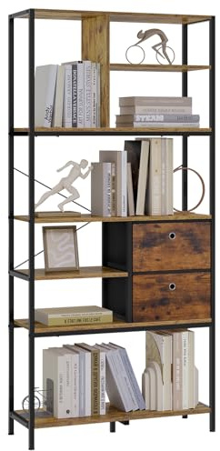 eSituro Bücherregal Standregal mit Schubladen 84x180x30 cm | Küchenregal Aufbewahrungsregal, Regal für Wohnzimmer Schlafzimmer Küche, Metallrahmen Holzwerkstoff, Schwarz Vintagebraun