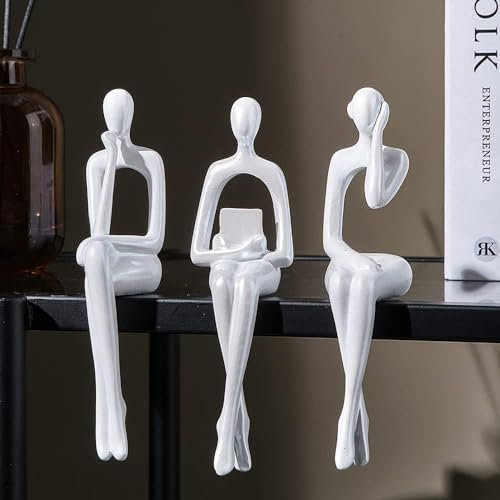 FJSPERM Weiß Denker Statuen Home Decorations für Wohnzimmer, 3Pcs Regal Dekor Akzente, Moderne ästhetische abstrakte Kunst Skulpturen für Bücherregal Couchtisch TV Schrank Schreibtisch Dekor