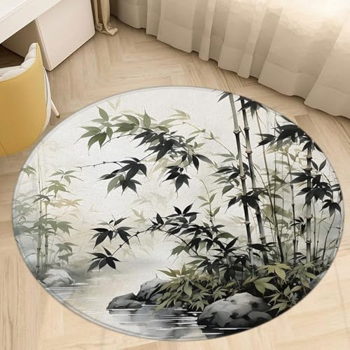 Asain Bamboo Round Area Rug Japanese Ink Painting Green Bamboo Forest Water Pond Stone Zen Spa Rustic Wild Nature Plant Circle Rug Non Slip Mat for Kitchen Living Room Bedroom Bathroom Decoration 4 Ft