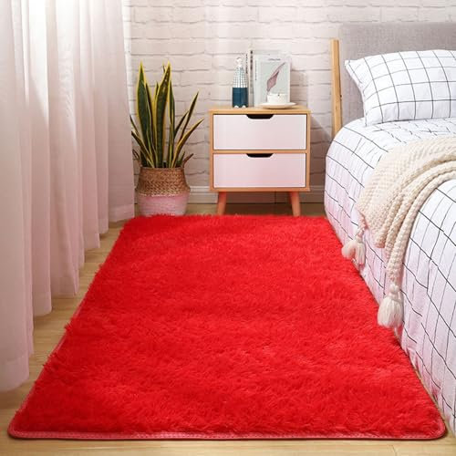 XUEDNGM Schlafzimmer Bettvorleger Teppich 90 x 130 cm Anti-Rutsch, Flauschig, Weich, Waschbar, Langflor Teppich Plüsch Wohnzimmer Shaggy Teppich Wohnzimmer für Wohnzimmer, Schlafzimmer, Rot