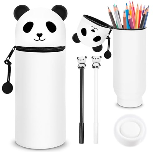 Trousse en Silicone Kawaii,Trousse en Silicone Souple 2-en-1 Avec 2 stylos,Trouss Scolaire Silicones Extensible,DIY Trouss à Crayons en Silicones pour Adolescents, aux Filles, à l'école, Bureau,Panda