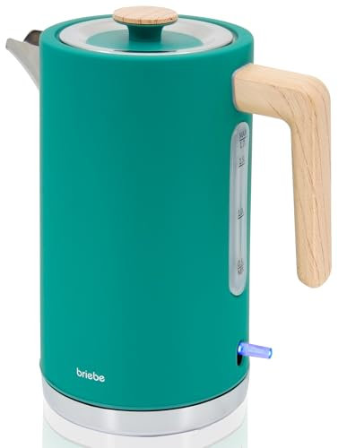 briebe Nordic Hervidor Agua Eléctrico 1,7L Inalámbrico, Tetera Infusiones 2200W Ebullición Rápida, Libre BPA, Base 360°, Controlador Strix, Apagado Automático, Diseño Nórdico, Asa Efecto Madera Verde