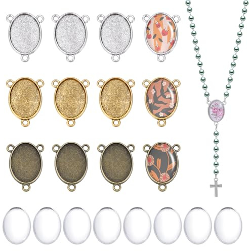 PH PandaHall 12 Sets Rosenkranz Tafelaufsätze Mit Cabochons 3 Farben Ovale Lünette Anhänger Tabletts 18x25mm Basis Einstellungen Für Schmuck Machen Ostern Dekor