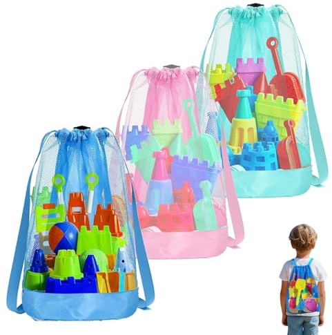 3 Stück Strandspielzeug Tasche,Netztasche Sandspielzeug für Kinder, Wasserspielzeug Rucksack Beutel,Wiederverwendbare Muschel Sammeltasche für Strand Zubehör Wasserspielzeug Kinder