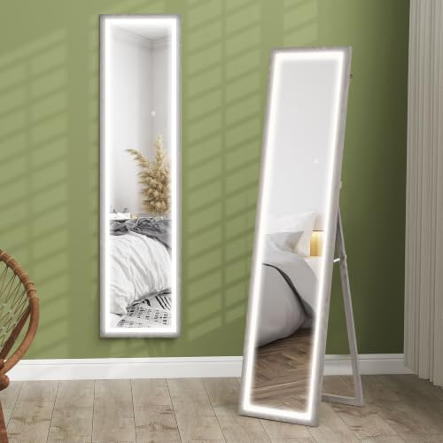 HOMCOM Grand Miroir Pleine Longueur 40x160cm Éclairage LED 3 Couleurs Gris | Support, Miroir Mural ou sur Pied Rectangulaire, pour Chambre à Coucher, Salon, Dressing