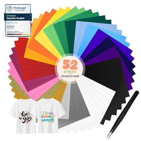 moinkerin 52 Feuilles Vinyle de Transfert de Chaleur avec Pince 30.5x25.4cm Vinyl Thermocollant Textile pour Tissu,Toutes Machines de Découpe,T-Shirts,Vêtements,Chapeaux (20 Couleurs)