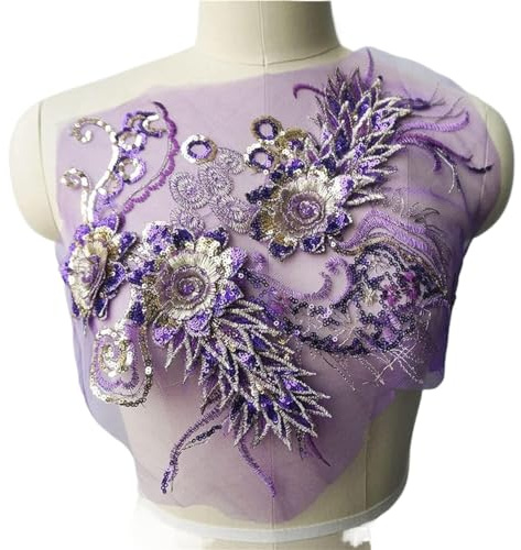 ROHCGHC Broderie, Robe de mariée en Dentelle Violette, Tissu à Paillettes, Fleur 3D, Pompon, Appliques, Garnitures brodées, Patch de Couture for Robe, décoration DIY