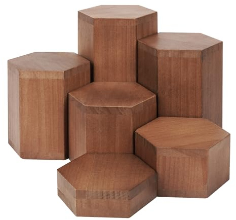6 Pcs Wooden Hexagon Display Risers, Display Stands for Craft Fairs- Brown