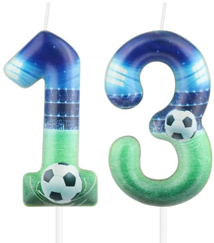 Velas de cumpleaños número 13 de fútbol para pastel, decoraciones de cumpleaños número 13 para niños, vela número 13 para decoraciones de fiesta temática de fútbol, velas de fútbol para niños y