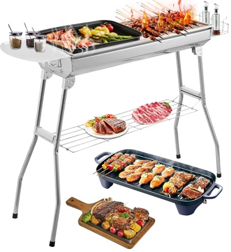 Victoam Charcoal BBQ Grill, With Spice Tray Side Baskets and Bottom Storage Rack, Portable Foldable Barbecue Grill, Stainless Steel BBQ for Outdoor Cooking Camping Hiking Picnics (73x28x76cm)