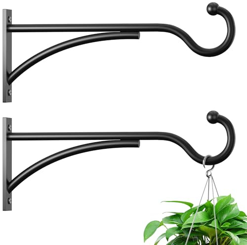 saffruff 8 Inch 2 Pack Outdoor Plant Hanging Hooks for Wall:Metal Bracket for Hanging Baskets, Bird Feeders, Wind Chimes, Flower Baskets, Yoga Mat, Lanterns, Black