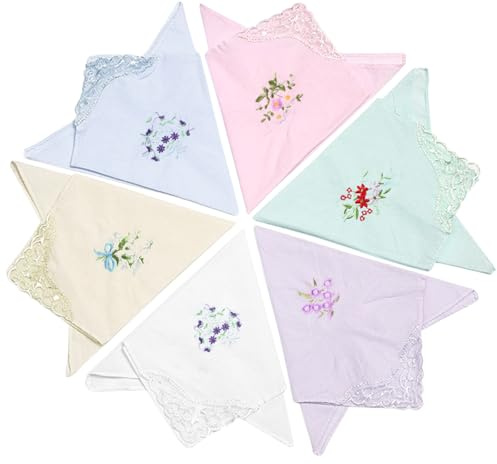 Amexo 6Pcs Taschentücher für Damen, Florales Spitzen-Taschentuch 28 x 28cm Taschentücher mit Vintage Blumenstickerei, Baumwolle Florale taschentücher für Hochzeiten, Muttertag oder Weihnachten