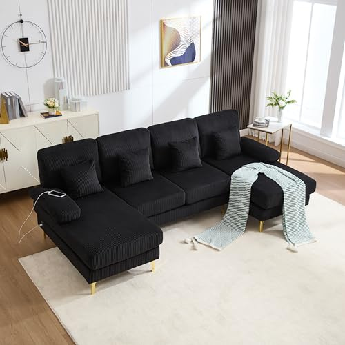 BLUON HOME Bigsofas XXL,U-Sofa,Schlafsofa, Modernes U-Sofa mit LED Ambientebeleuchtung & der USB-C-Port Massivholzrahmen, 4 luxuriöse Kissen & ergonomische Premium Rückenlehne (Black)