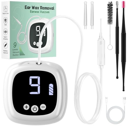 Ear Vacuum Wax Remover, Earwax Removal Kit with 9 Levels Strong Suction, Electric USB Rechargeable Ear Suction Vacuum Tool for Adult and Kids (White)