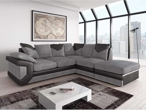 Enchanting Furnishings UK - Dino L-Shaped Sofa - Black Leather & Jumbo Grey Cord Fabric (Scatter Back Cushions) | Luxurious Living Room Furniture (Right-Hand Facing)