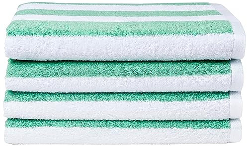 Amazon Basics 100% Cotton Terry Cabana Stripe Pool & Beach Towel, Soft & Absorbant, 2-Pack, Green, 76 x 152 cm