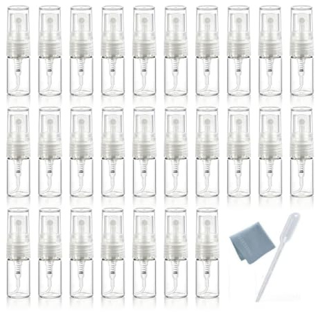 Elfenstall- 30pcs Mini Clear 2ml 5/8 Dram Atomizer Vial Glass bottle Spray Refillable Perfume Empty Sample Bottle Clean Cloth for Travel Party