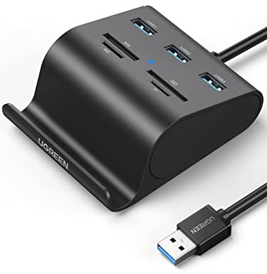 UGREEN USB 3.0 Hub, SD Card Reader Phone Stand, 4 Card Slots for SD, SDXC, SDHC, TF, MS, Micro SD, Micro SDXC, Micro SDHC, Compatible with Mac OS, Surface Pro, IdeaPad, MacBook, Windows, Vista, Linux