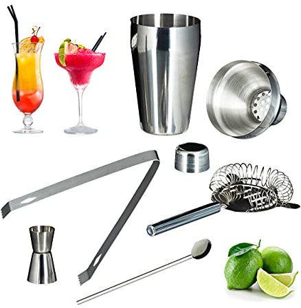 Relaxdays Set da Cocktail, da Barman, 5 Accessori, Acciaio Inox, Shaker, Colino, Cucchiaio da Bar, Pinza, Argentato