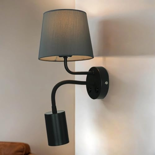 Licht-Erlebnisse Wandlampe mit LED Lesearm Stoff Metall grau Doppel-Schalter Leselicht für Schlafzimmer Wohnzimmer E27 & GU10 Wandleuchte Innen verstellbar
