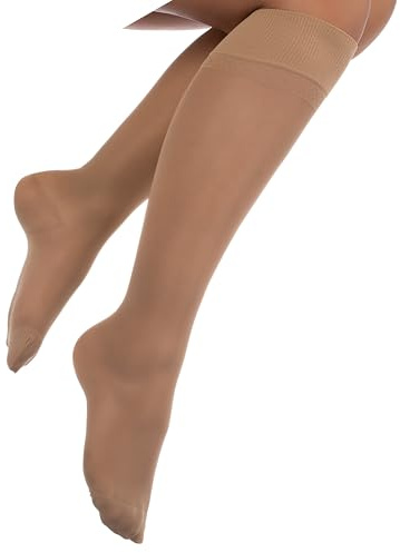 Divertd Women's Knee High Compression Stockings, 70 Denier Class I 8-15 mmHg Flight Socks, Nude, S/M