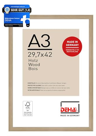 DEHA Design Bilderrahmen, 29,7 x 42 cm (A3), Holz, Eiche, Posterrahmen zum Aufhängen im Hoch- & Querformat, bruchsicheres Kunstglas, Fontana