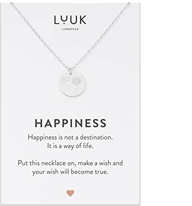 LUUK LIFESTYLE Collar de acero inoxidable con placa colgante flor I diente de león y tarjeta mensaje HAPPINESS, 50 cm, joya de moda para mujer, regalo San Valentín novia, plateado