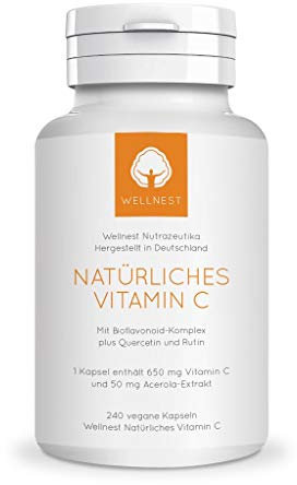 Wellnest Vitamin C plus Acerolakirsch-Extrakt, Antioxidantien: Quercetin, Rutin, Hesperidin; rein pflanzlich, 240 Kapseln Vorratspackung