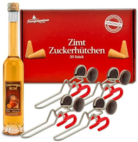 Feuerzangen-Set | Feuerzange (4 Stück) mit Rum (100ml) + ZimtZuckerHütchen (50er) | Für Feuerzangenbowle und Winter-Cocktails
