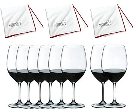 Riedel Vinum Burdeos - Juego de copas de vino (8 unidades, incluye 3 unidades de microfibra grandes, 4 unidades)