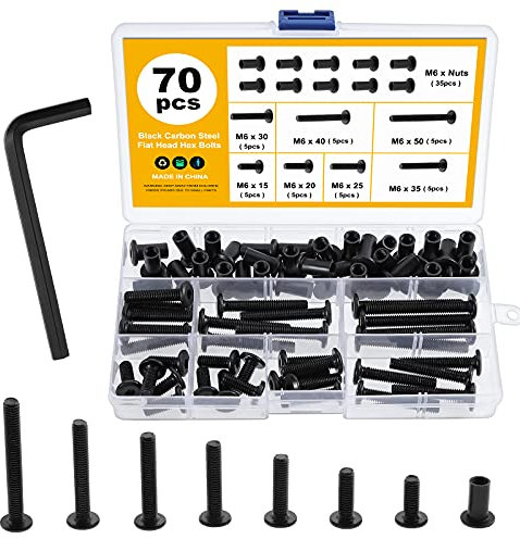 Gueenky 70 Stück Verbindungsschrauben M6, Karbonstahl Möbelverbinder Schrankverbinder, Hülsenschrauben M6 Fit für 8mm Loch, 15-50mm Innensechskantschraube Postbindung für Lederhandwerk DIY