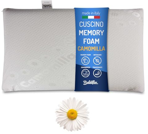 Baldiflex Emporio Cuscino Memory Foam Ergonomico Saponetta, Fodera Camomilla Rilassante, Sfoderabile e Lavabile, Misura 40x70 cm Alto 11 cm, Anticervicale