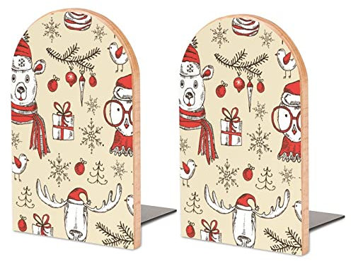 Packung Mit 2 Buchstützen Elch-Eulen-Bär des Neuen Jahres Und des Weihnachten Rutschfester Bücherständer Aus Holz Bücherregal Bücherhalter Für Home Desk Office Library