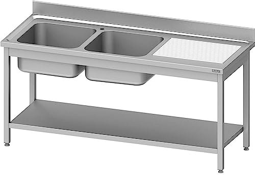 Romux® Fregadero de Acero Inoxidable de 2 Senos con Escurridor Derecha 1600x700x850 mm Desmontable | Pica Industrial con patas | Pila Lavadero