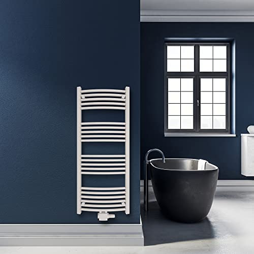 SHV Badheizkörper Columba gebogen mit Mittelanschluss in glänzendem Weiß - 500 x 1200 mm | Heizkörper für Badezimmer, Handtuchhalter für Wand im Bad, Handtuchheizkörper, Handtuchtrockner aus Stahl